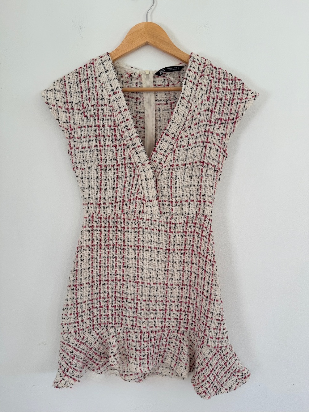 Zara Textured Weave Ruffle Mini Dress Pink/White Small